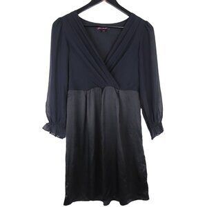 Betsey Johnson Full Silk Mini V-Neck Pleated Front Black Dress Size 4